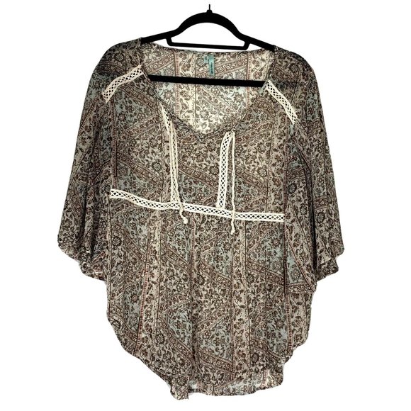 Maurices Ladies Size L Sheer Flowy Boho Lace Trim Tie Front taupe/blue/pink Top - Picture 1 of 7